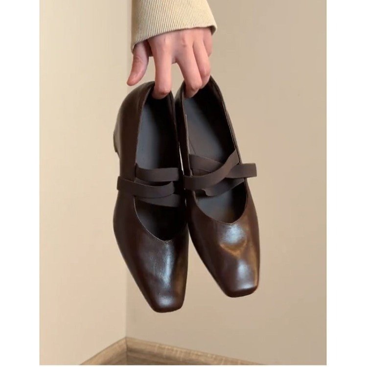 Vintage Collectible Shoes - フレンチスタイルのヴィンテージローヒールフラットシューズ（女性用）、スクエアトゥクロスストラップバレエメリージェーンシューズ、2026年秋の新作コレクション