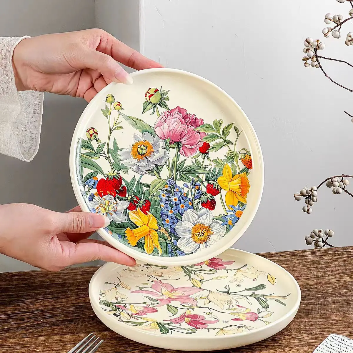 Vintage Collectible Dishes - クリエイティブでロマンチックな花柄セラミックプレート、8インチ皿（サラダ・パスタ用）、ヨーロピアンヴィンテージホームデコレーション、エレガントなテーブルウェアコレクション