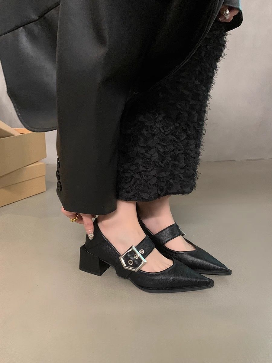 Vintage Collectible Shoes - ヴィンテージ女性用メリージェーンポインテッドトゥドレスシューズ韓国風フレンチ厚底ヒール2026春新作クラシック