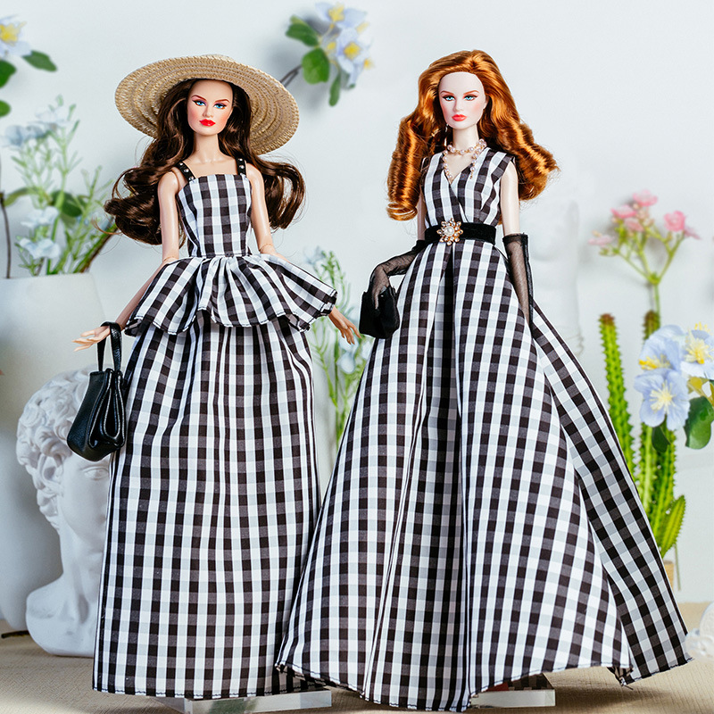 Vintage Collectibles Toys - 32 センチメートルスーパーモデル人形服スーツヨーロッパのファッションヴィンテージ黒と白のチェック柄ドレスセットプリンセスガール DIY おもちゃコレクターギフト