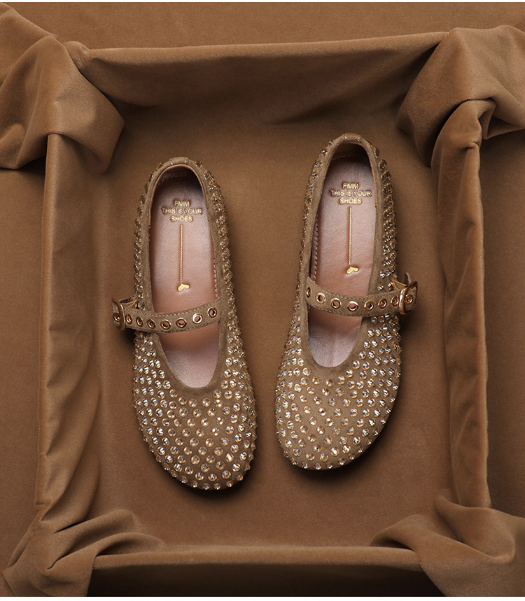 Vintage Collectible Shoes - SHOEBOX レディースサマーコレクション用ラインストーン付きヴィンテージメリージェーンシューズ、フラットボトムのレトロなフレンチソフトソールシングルシューズ